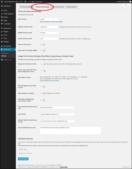 to-do lists plugin Cleverness - To Do List Advanced Settings Tab