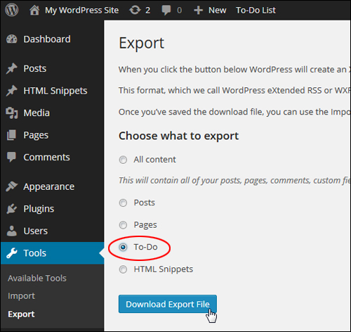 WP Tools > Export Menu - To Do Data