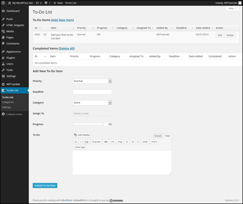 WP plugin to do lists - To-Do List screen